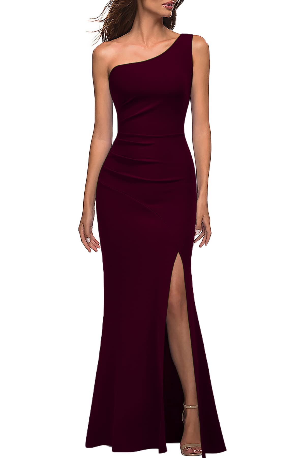 Burgundy Women's One Shoulder Sleeveless Bodycon Mermaid high Split Cocktail Long Formal Prom Dress
